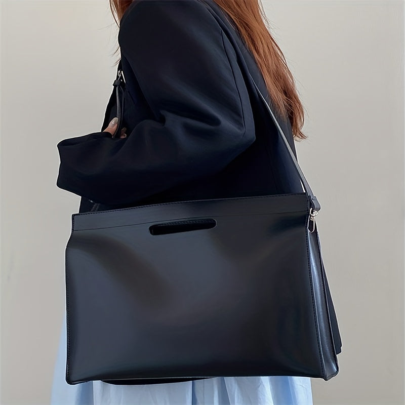 Minimalist Solid Color Commuter Bag, All-Match Satchel Document Bag, PU Leather Shoulder Bag