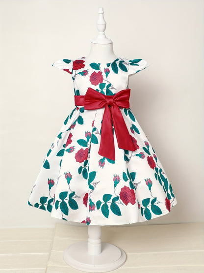 Elegant Floral Print Bowknot Princess Dress for Girls - Fit & Flare Midi with Lace-Up Detail