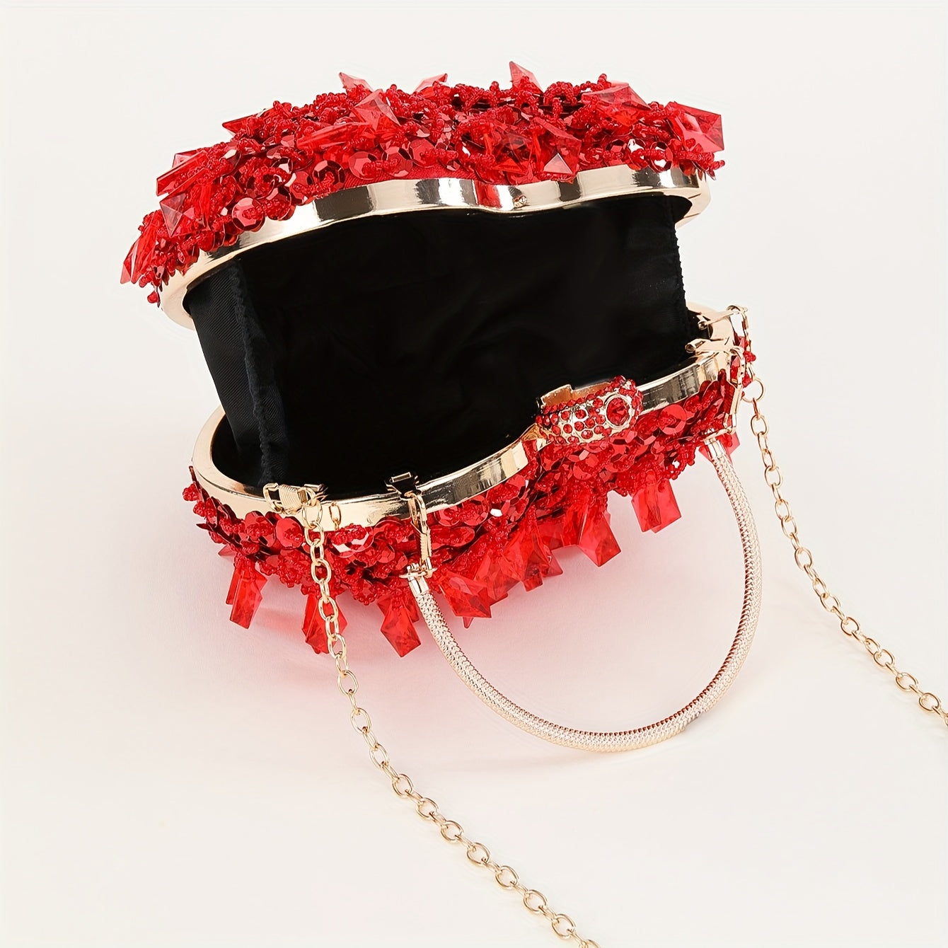 Red Mini Heart Satchel Bag, Tassel Decor Sequins Top Handle Evening Bag, Women's Elegant Wedding Prom Wallet