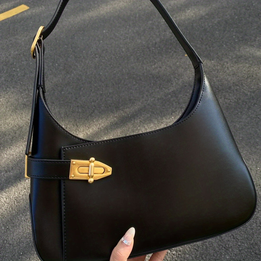 realaiot  Top Handle Retro Solid Color Underarm Bag, PU Leather Textured Bag, Fashion Versatile Shoulder Bag