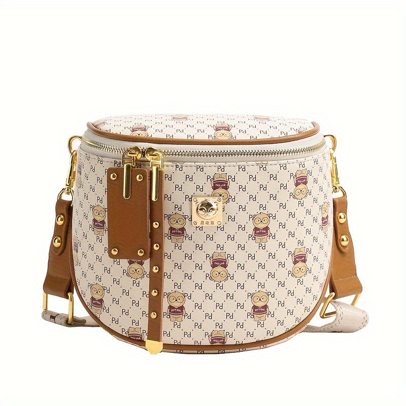 realaiot  Cute Bear Print Waist Bag, Trendy PU Leather Saddle Bag, Women's Zipper Crossbody Purse