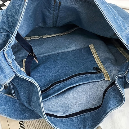 realaiot  Retro Denim Canvas Tote Bag, Multi Pockets Crossbody Bag, Y2K Hobo Bag For Sports, Travel, School