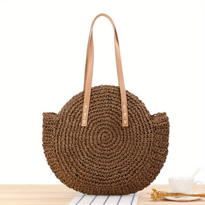 realaiot  Hollow-Out Straw Handbag, Fashion Woven Beach Bag, Round Large Capacity Shoulder Bag