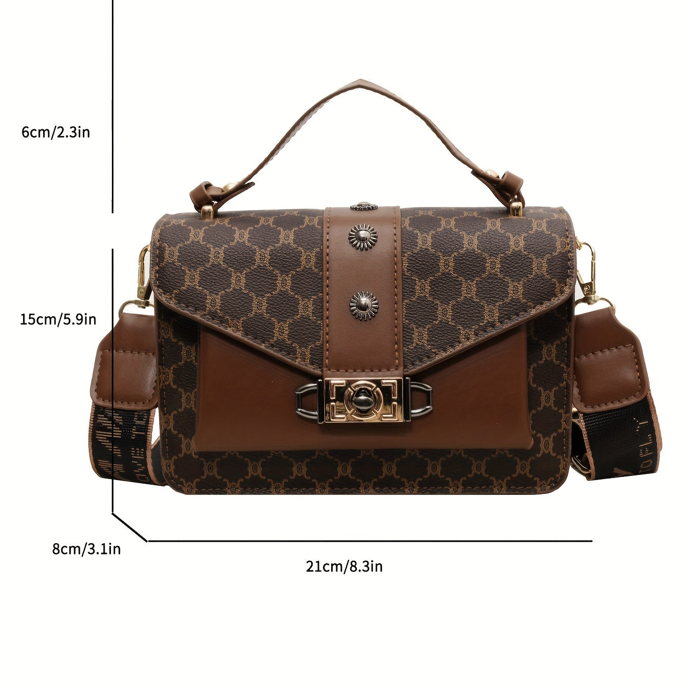 Classic Retro Pattern Shoulder Bag For Women, Textured Underarm Bag With Wide Strap & Rivets Decor