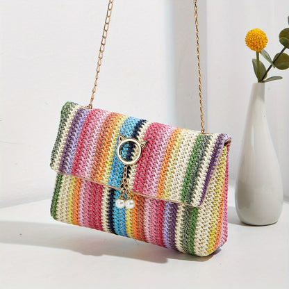 realaiot  Rainbow Straw Woven Beach Bag, Fashion Chain Crossbody Bag, Colorful Stripes Square Purse