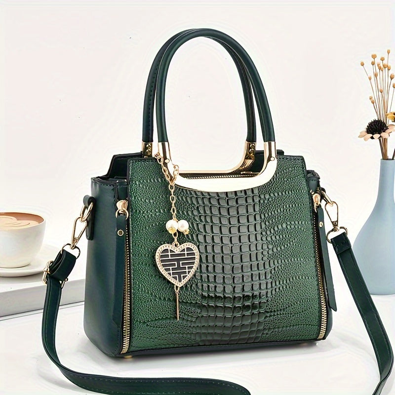 Heart Charms Decor Handbag, Stylish Crossbody Bag For Women, Elegant Glossy Satchel Purse