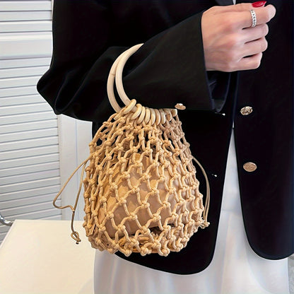 realaiotHollow Out Woven Handbag, Fashion Drawstring Bucket Bag, Women Round Handle Clutch Bag