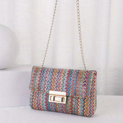 realaiot  Colorful Straw Woven Beach Bag, Fashion Chain Crossbody Bag, Women's Rainbow Design Square Purse