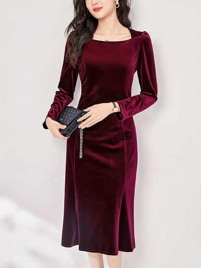 realaiot  Solid Square Neck Slim Dress, Elegant Long Sleeve Ruffle Hem Velvet Dress For Spring & Fall, Women's Clothing