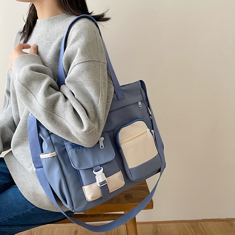 Colorblock Casual Shoulder Bag, Large Capacity Crossbody Canvas Bag, Women's All-Match School Bag