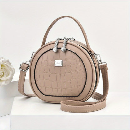 realaiot  Small Circular Crossbody Bag, PU Leather Shoulder Bag For Women, Fashion Zipper Handbag