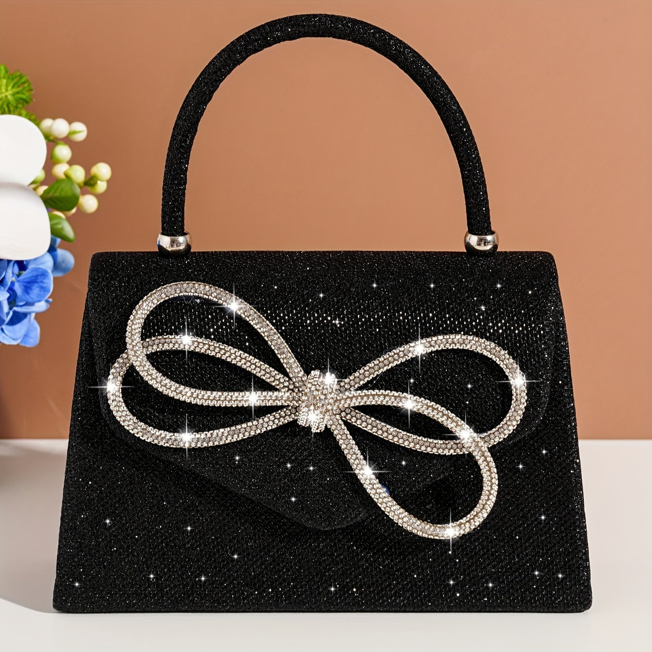 realaiot Mini Carnaval Elegant Rhinestone Bowknot Decor Evening Bag, Classic Shiny Top Handle Satchel Bag For Women And For Music Festival