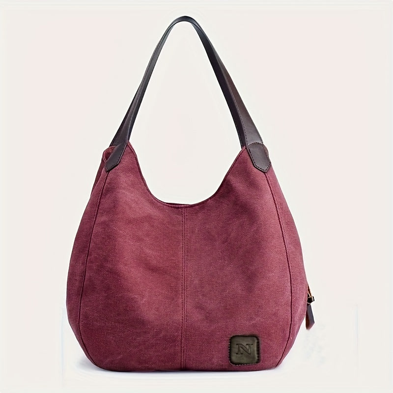 realaiot  Simple Canvas Shoulder Bag, Minimalist Colorblock Hobo Handbag, All-Match Bag For Women