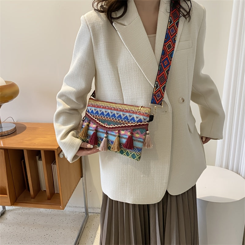 realaiot Ethnic Style Crossbody Bag, Women's Tassel Decor Flap Purse, Fashion Canvas Shoulder Bag