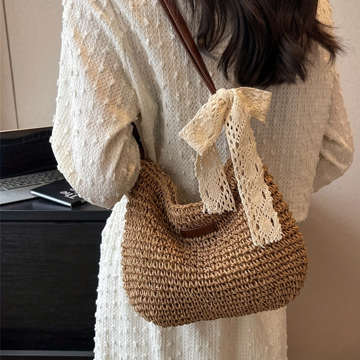 realaiot  Straw Woven Crossbody Bag, Summer Beach Shoulder Bag, Women's Casual Handbag & Hobo Purse For Travel