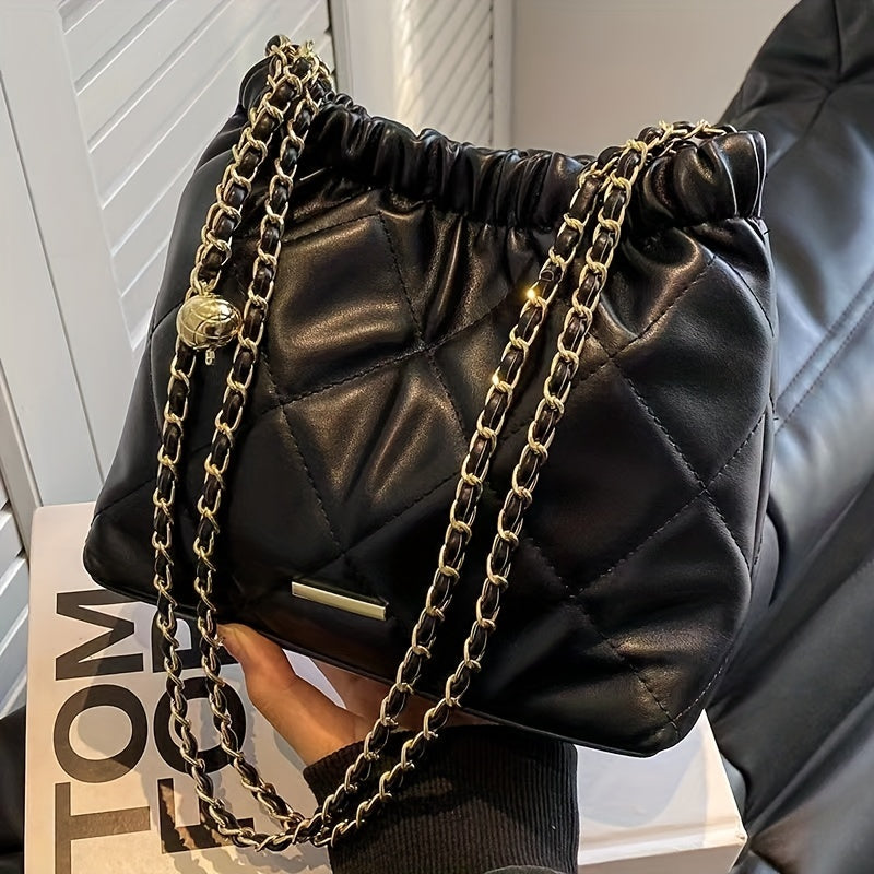 realaiot  Black Soft Large Capacity Fashionable Pleated Chain Casual Mommy Bag, For Mommy Hanging Out