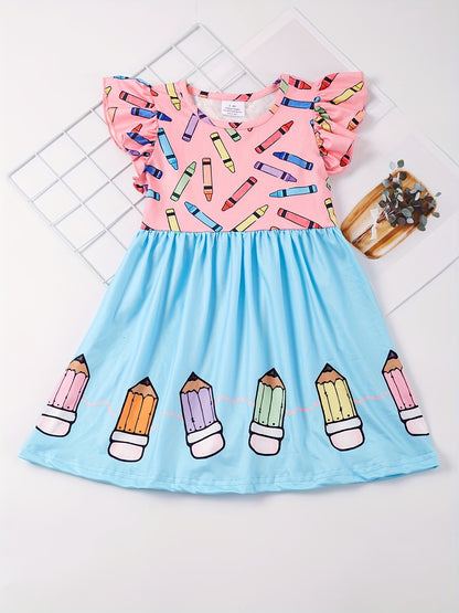 Toddler Girls Ruffle Trim Colorful Crayon Graphic Princess Dress For Back To School Season Party, Cute Kids Summer Clothes