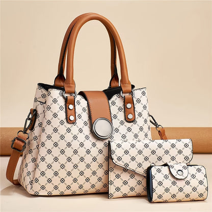 realaiot 3Pcs Trendy Argyle Print Bucket Bag Set, Faux Leather Tote Bag & Coin Bag & Card Holder, Perfect Women Bags Set For Daily Use