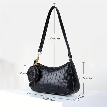 realaiot  Trendy Crocodile Pattern Shoulder Bag With Hanging Mini Purse, Women's Classic Commuting & Shopping Bag