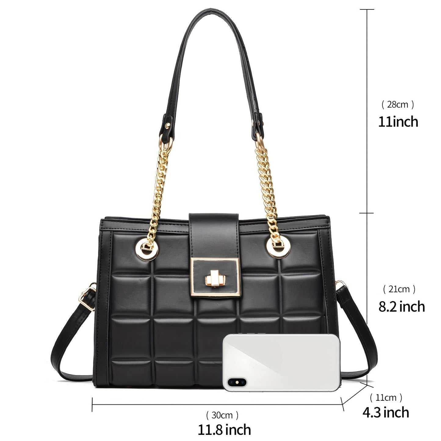 realaiot  Plaid Embossed Crossbody Bag,  Trendy Chain Shoulder Bag, Turn Lock Handbags For Work