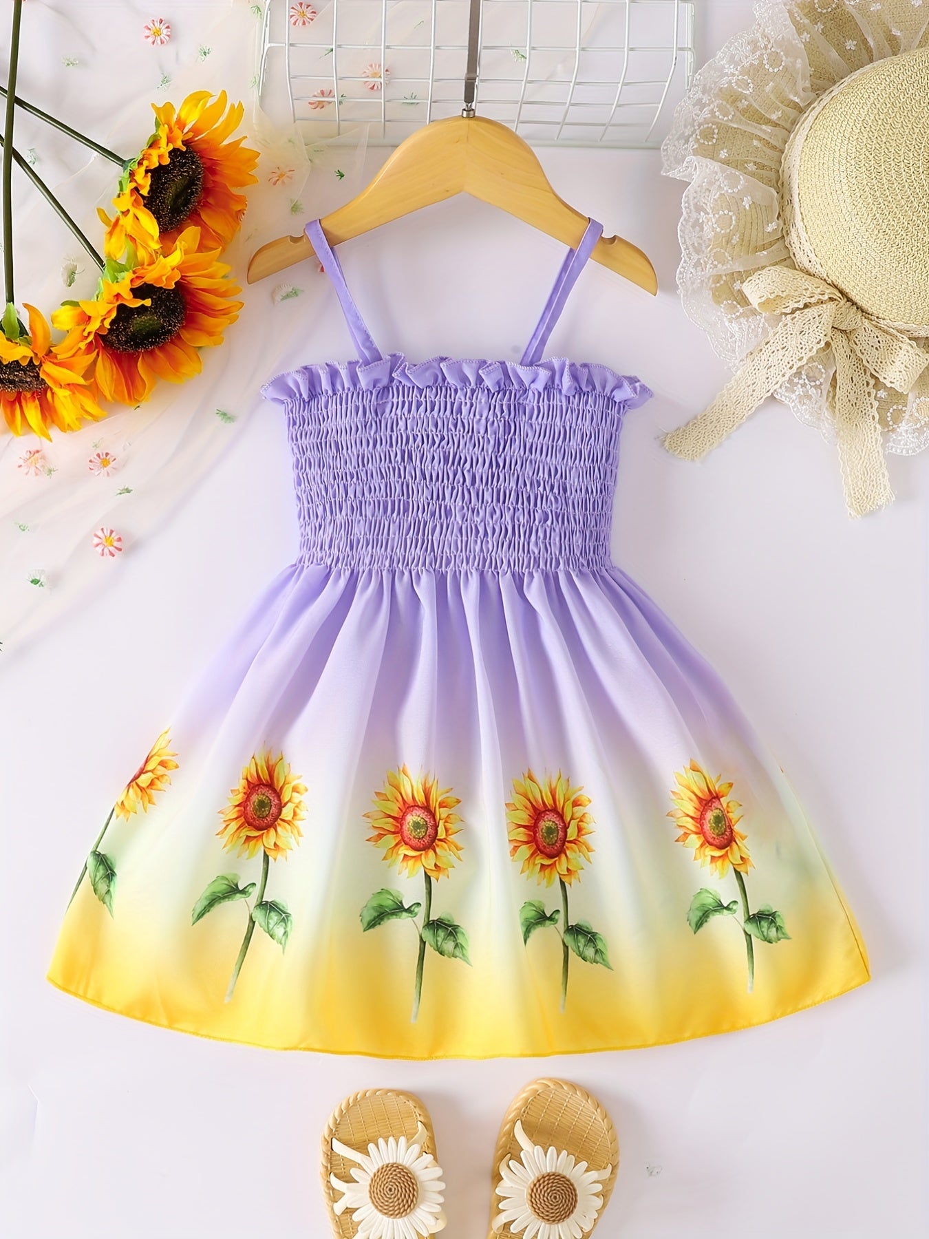 Toddler Girls Gradient Color Sunflower Graphic Frill Trim Shirred Cami Princess Dress For Party Beach Vacation Kids Summer Clothes 4th Of July Outfit