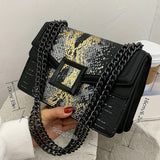 realaiot  Elegant Crossbody Square Bag - Retro Snake Skin Pattern Bag - Classic Flap Chain Shoulder Bag