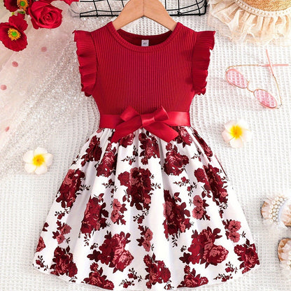 Charming Sweet Girls Floral Spliced Dress - Soft 93% Cotton, Perfect for Summer Parties & Gifts