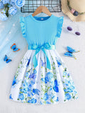 Girls Enchanting Fantasy Butterfly Print Spliced Midi Dress -Casual Summer Holiday Style - Perfect Gift Idea