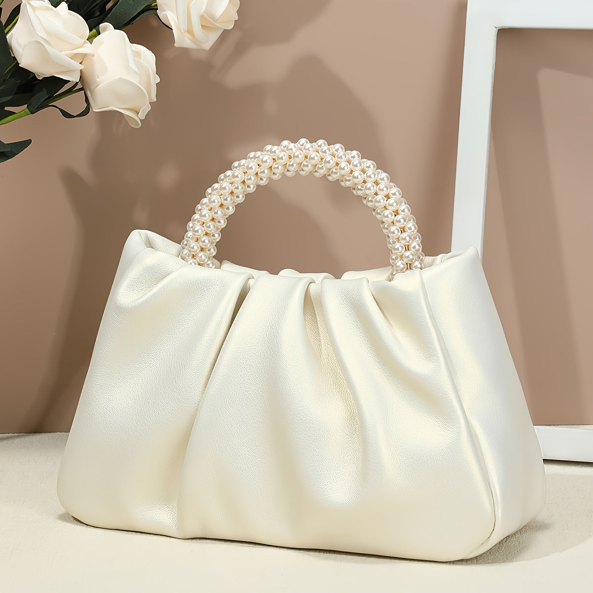 realaiot  Trendy Pleated Cloud Handbag, Elegant Faux Pearls Handle Bag, Perfect Shoulder Bag For Every Occasion