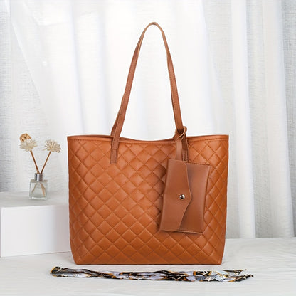 Classic Argyle Pattern Shoulder Bag, Minimalist Textured Handbag With Hanging Mini Purse