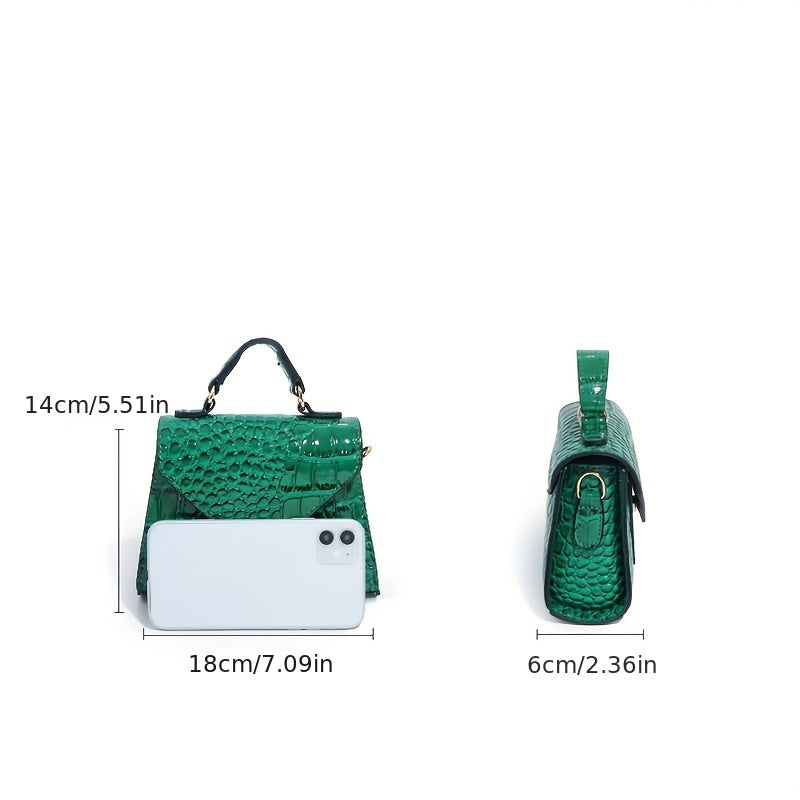 realaiot  Stylish Crocodile Print Mini Handbag, Solid Color PU Leather Flap Shoulder Bag, Perfect Crossbody Bag For Daily Use
