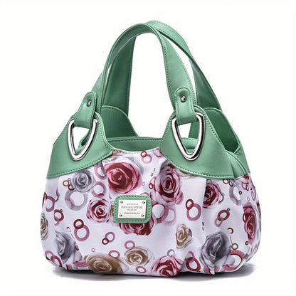 realaiot Floral Print Top Handle Tote Bag, Fashion PU Satchel Bag, Women's Trendy Casual Handbag & Purse