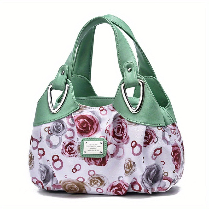 realaiot  Floral Print Top Handle Tote Bag, Fashion PU Satchel Bag, Women's Trendy Casual Handbag & Purse