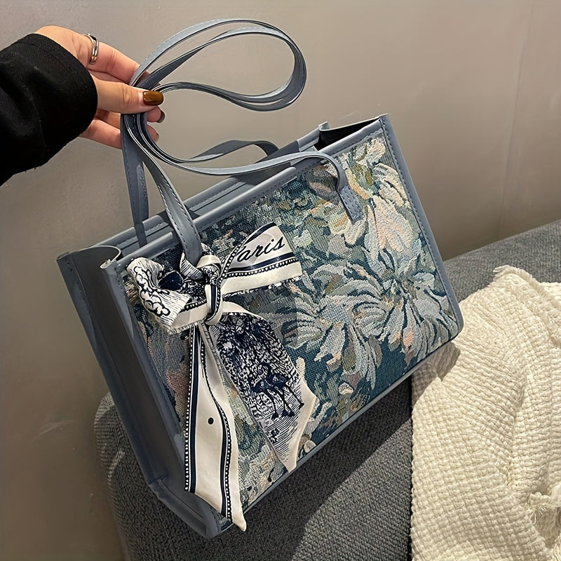 Oil Painting Flower Tote Bag, Vintage Stylish Shoulder Bag, Scarf Decor Handbag For Women