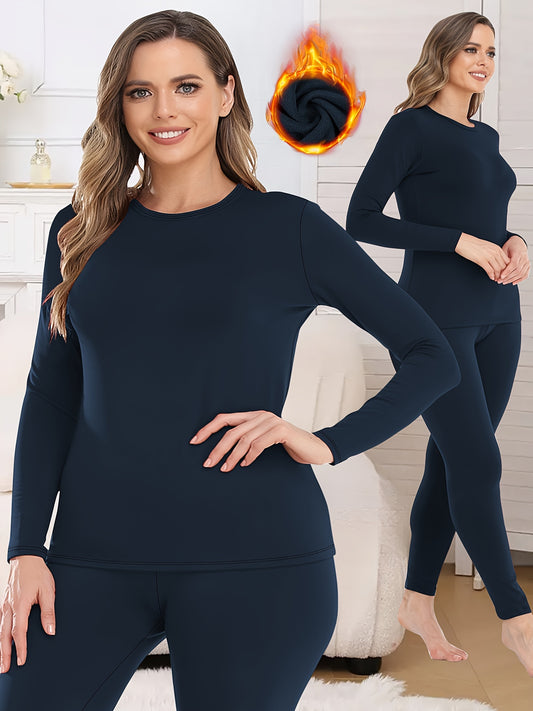 Plus Size Women's Thermal Sportswear Set - Soft Plush Lined, High Stretch, Crew Neck, Solid Color, Long Sleeve Shirt and Pants for Comfortable Fitness and Outdoor Activities