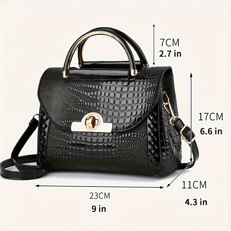 Classic Solid Color Mini Square Shoulder Bag, Crocodile Pattern Top Handle Bag For Women