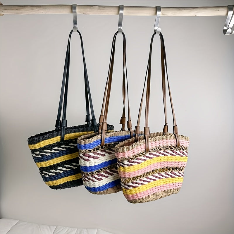 realaiot  Hollow Out Straw Summer Beach Bag, Boho Style Woven Handbags, Vintage Stripes Colorblock Shoulder Bag