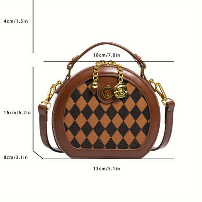 realaiot  Mini Rhombus Pattern Handbag, Retro Round Crossbody Bag, Women's Zipper Shoulder Purse