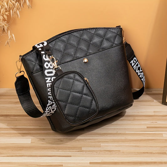 realaiot  Trendy Argyle Quilted Bucket Bag, Faux Leather Crossbody Bag & Coin Bag, Perfect Shoulder Bag For Daily Use