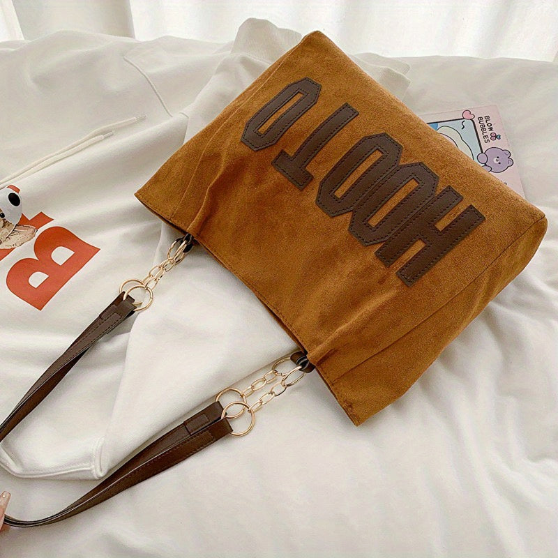 Letter Graphic Tote Bag, Trendy Chain Shoulder Bag, Large Capacity Commuter Handbag