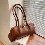 Double Zipper Baguette Bag, Elegant Solid Color Shoulder Bag Women's Retro Style Handbag