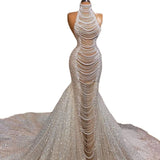 Saudi Arabia Haute Couture Mermaid Wedding Dress Illusion Full Sparkly Pearls Beading Bridal Gowns Bride Princess Celebrity