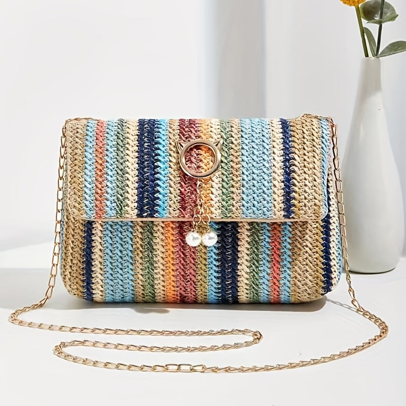 realaiot  Rainbow Straw Woven Beach Bag, Fashion Chain Crossbody Bag, Colorful Stripes Square Purse