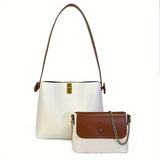 realaiot  2pcs Minimalist Handbag Set, Fashion Bucket Shoulder Bag With Chain Crossbody Bag For Women
