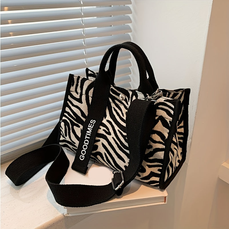 realaiot  Fashion Zebra Print Tote Bag, Trendy Canvas Crossbody Bag, Women's Casual Handbag, Shoulder Bag & Purse