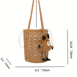 realaiot  Hollow Out Woven Bucket Shoulder Bag, Boho Style Summer Straw Bag, Tassel Decor Crossbody Bag For Vacation