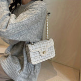 realaiot  Luxury Tweed Crossbody Bag, Women's Chain Shoulder Bag, Elegant Plaid Pattern Mini Square Purse