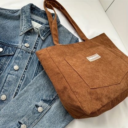 Large Capacity Shoulder Bag, Trendy Corduroy Tote Bag, Solid Color Ladies Handbag With Front Pocket