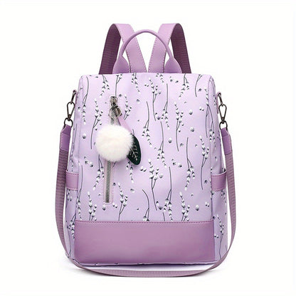 realaiot  Floral Print Backpack Purse For Women, Pompom Decor Shoulder Bag, Anti-Theft Travel School Bag