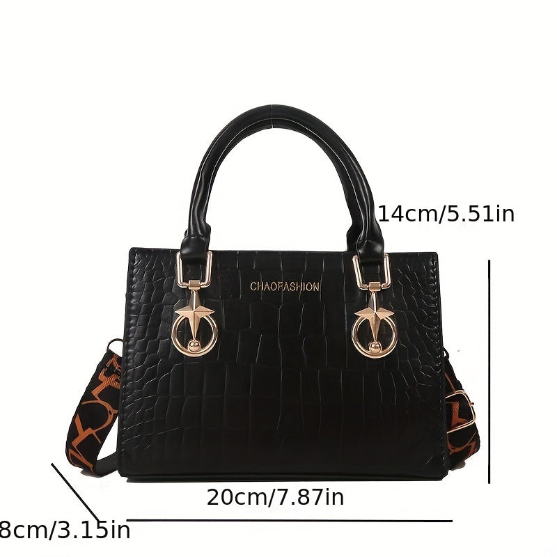 realaiot  Solid Color Crocodile Embossed Bag, All-Match Classic Square Shoulder Bag With Wide Strap